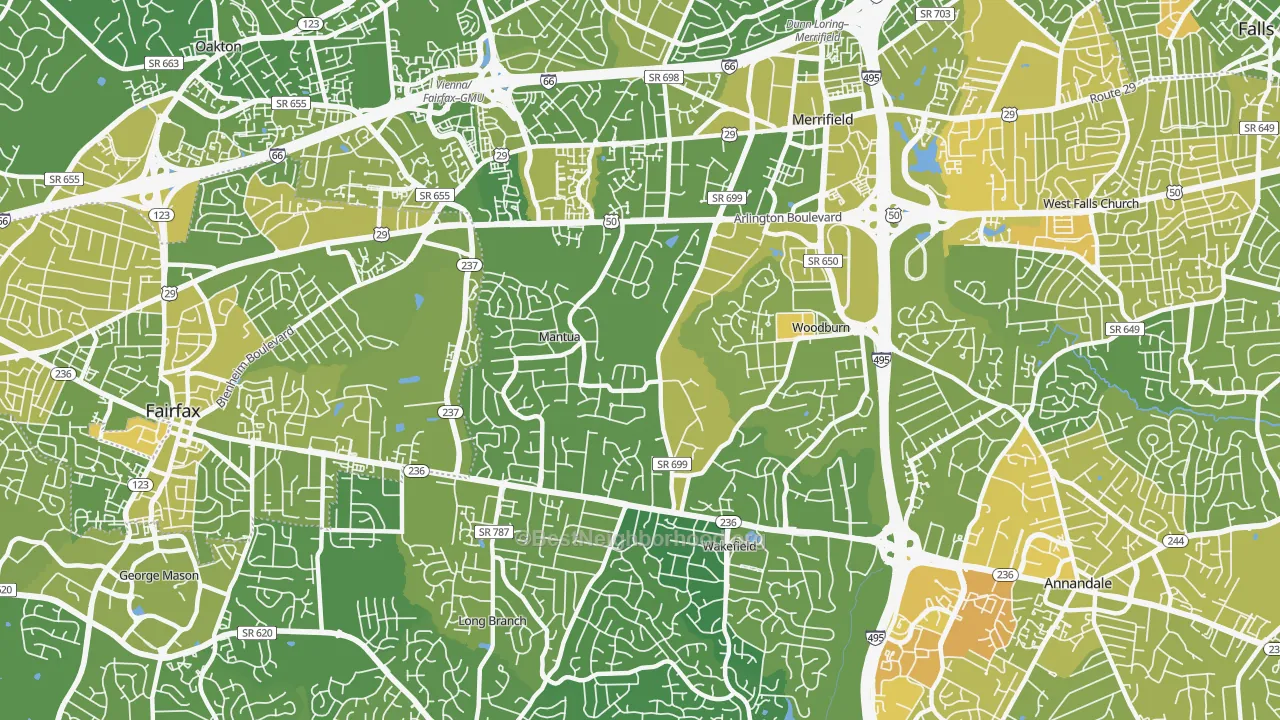 Map of the best neighborhoods in the Mantua, Fairfax area, with better matches in green and worse matches in red