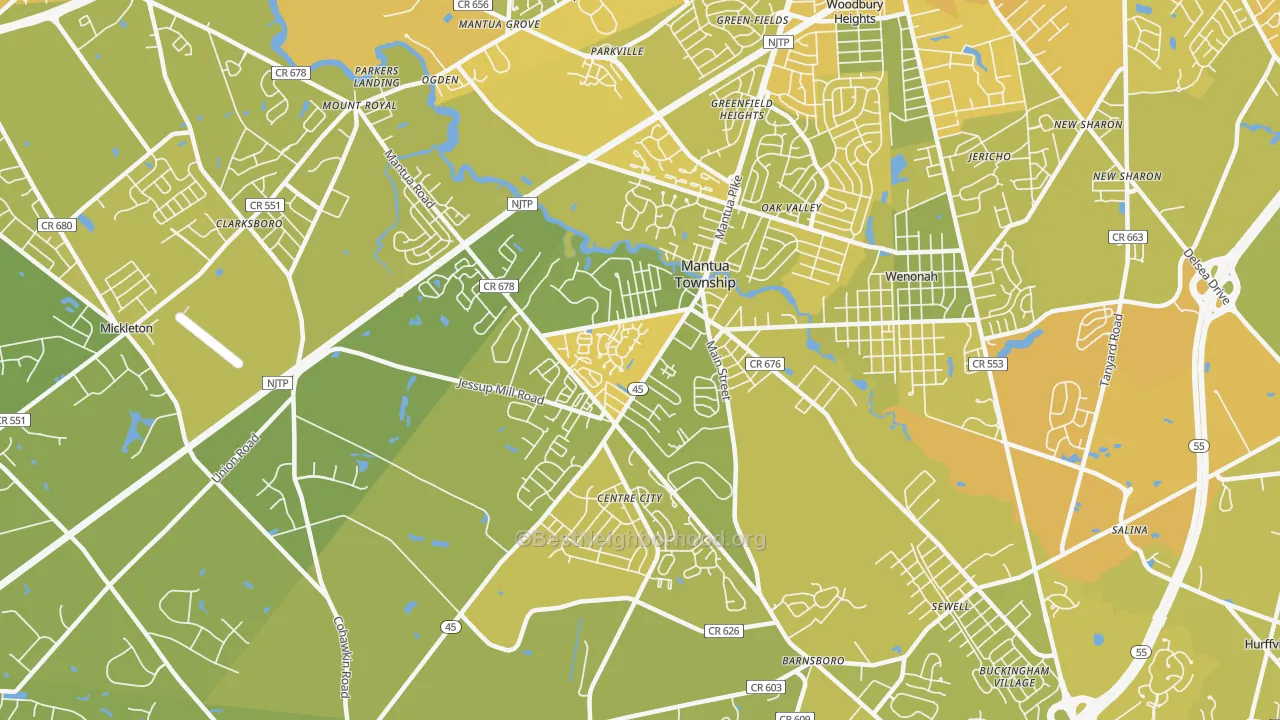 Map of the best neighborhoods in the Mantua area, with better matches in green and worse matches in red
