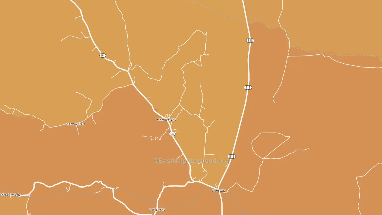 Map of the best neighborhoods in the Manuelitas area, with better matches in green and worse matches in red