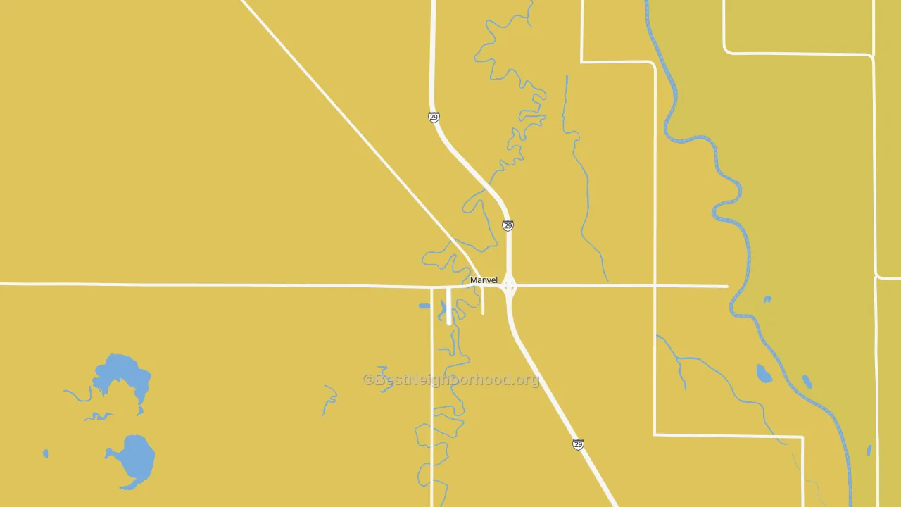 Map of the best neighborhoods in the Manvel area, with better matches in green and worse matches in red