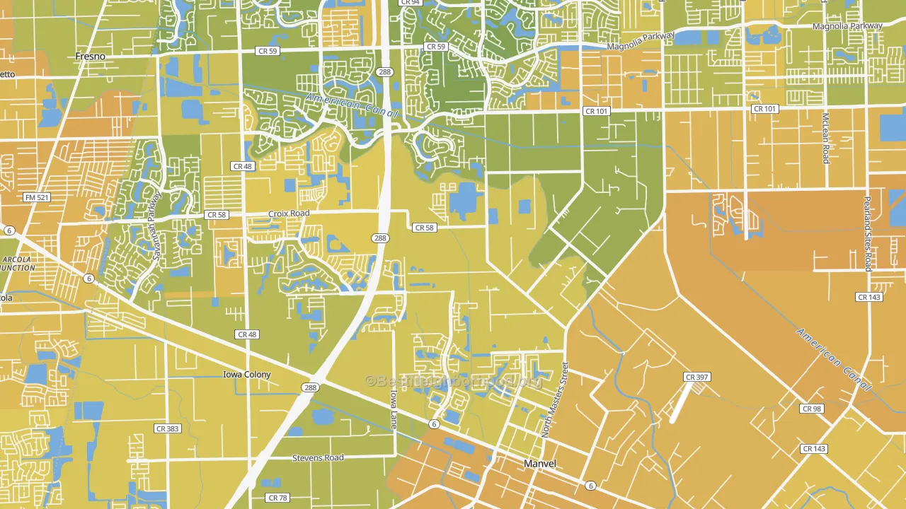 Map of the best neighborhoods in the Manvel area, with better matches in green and worse matches in red