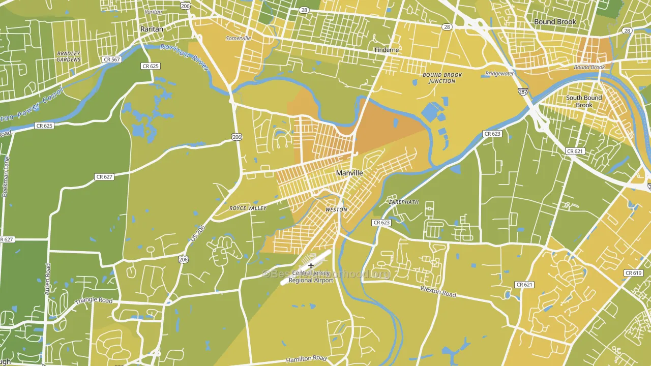 Map of the best neighborhoods in the Manville area, with better matches in green and worse matches in red