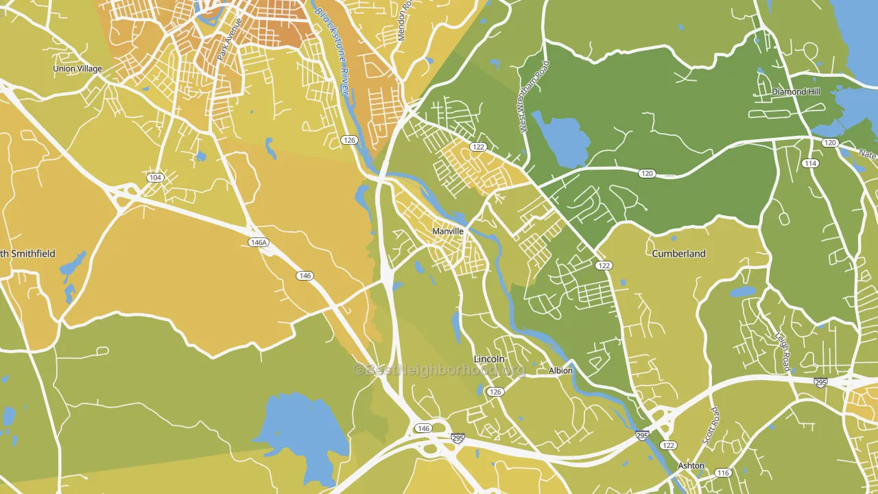 Map of the best neighborhoods in the Manville area, with better matches in green and worse matches in red