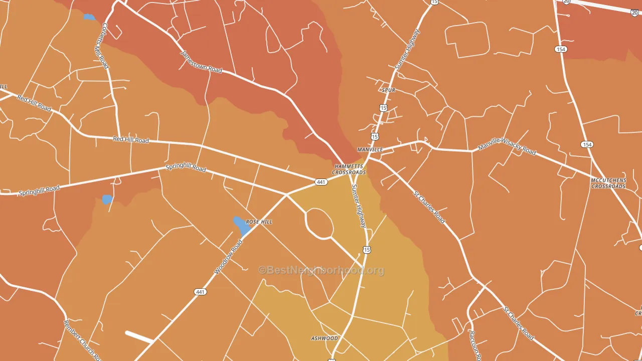 Map of the best neighborhoods in the Manville area, with better matches in green and worse matches in red