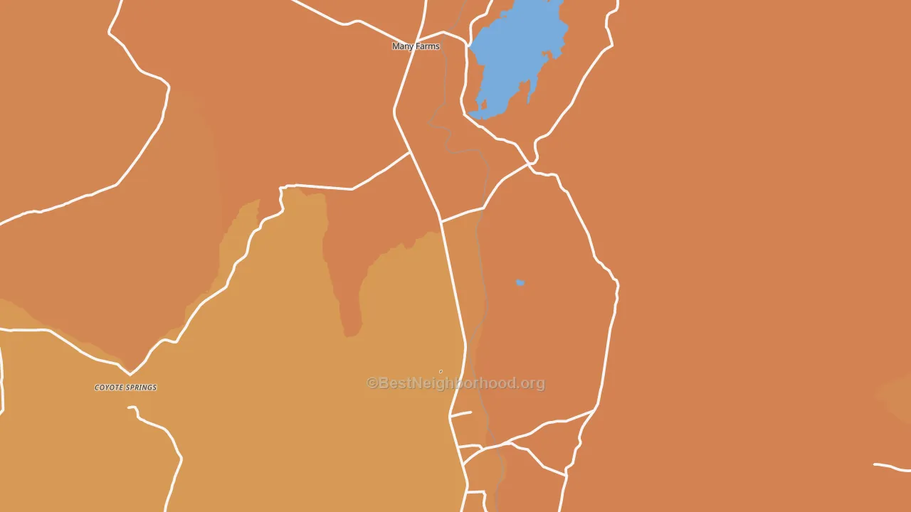 Map of the best neighborhoods in the Many Farms area, with better matches in green and worse matches in red