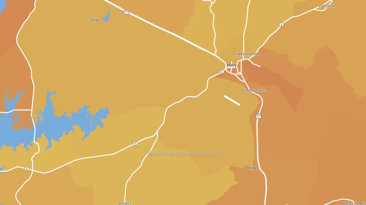 Map of the best neighborhoods in the Many area, with better matches in green and worse matches in red