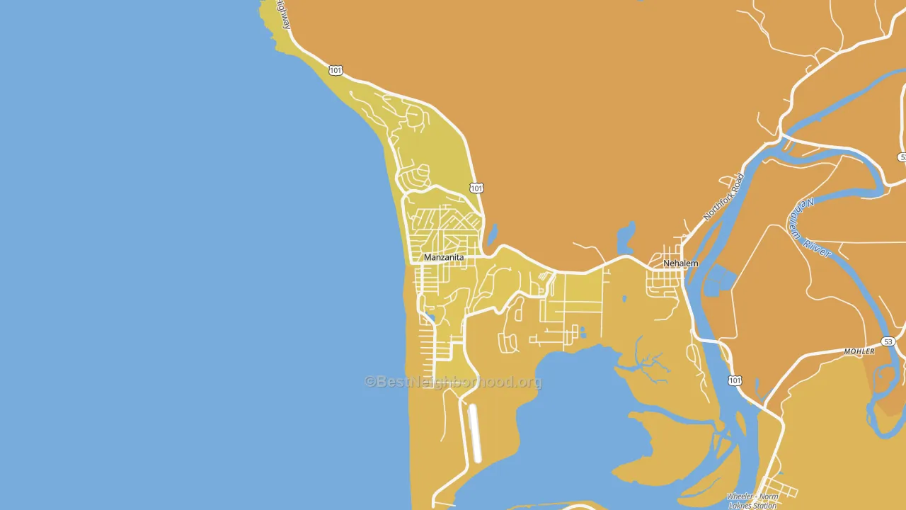 Map of the best neighborhoods in the Manzanita area, with better matches in green and worse matches in red