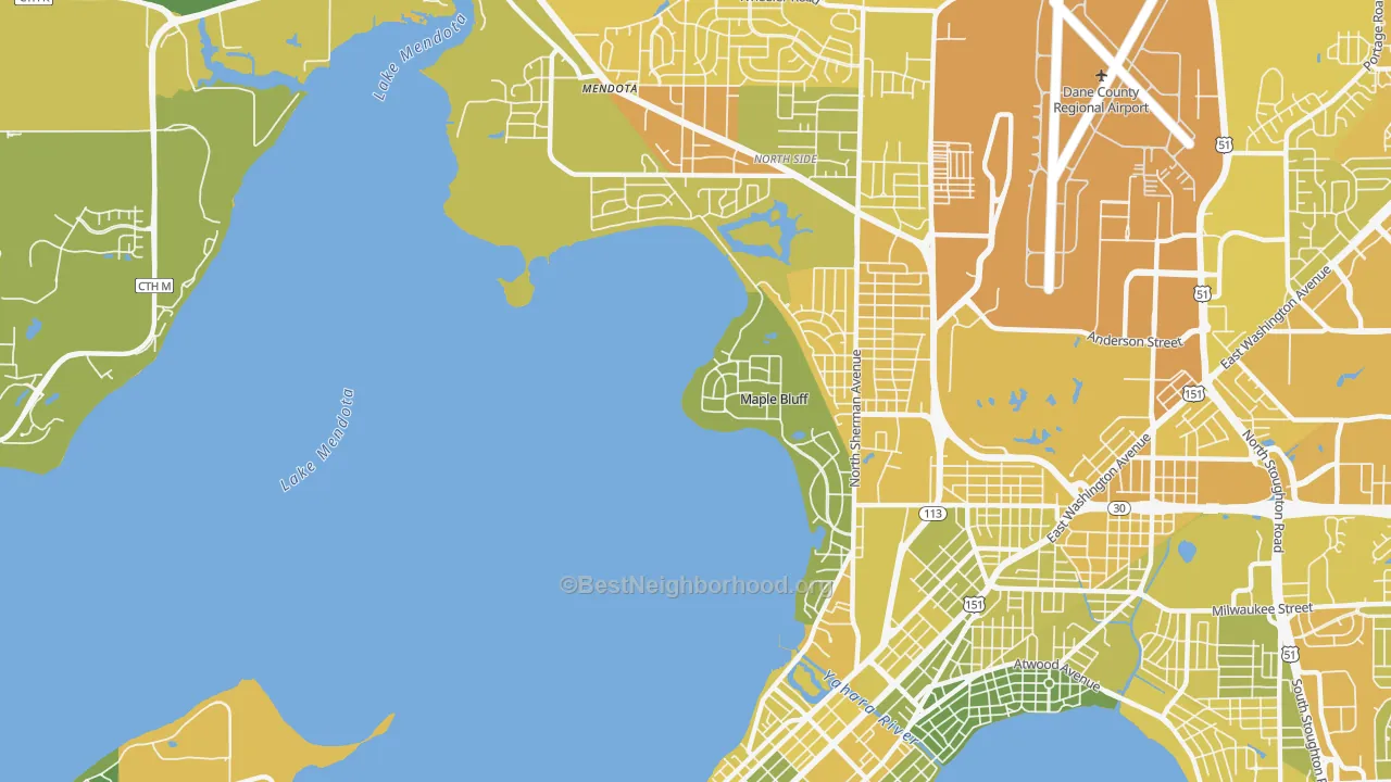 Map of the best neighborhoods in the Maple Bluff area, with better matches in green and worse matches in red