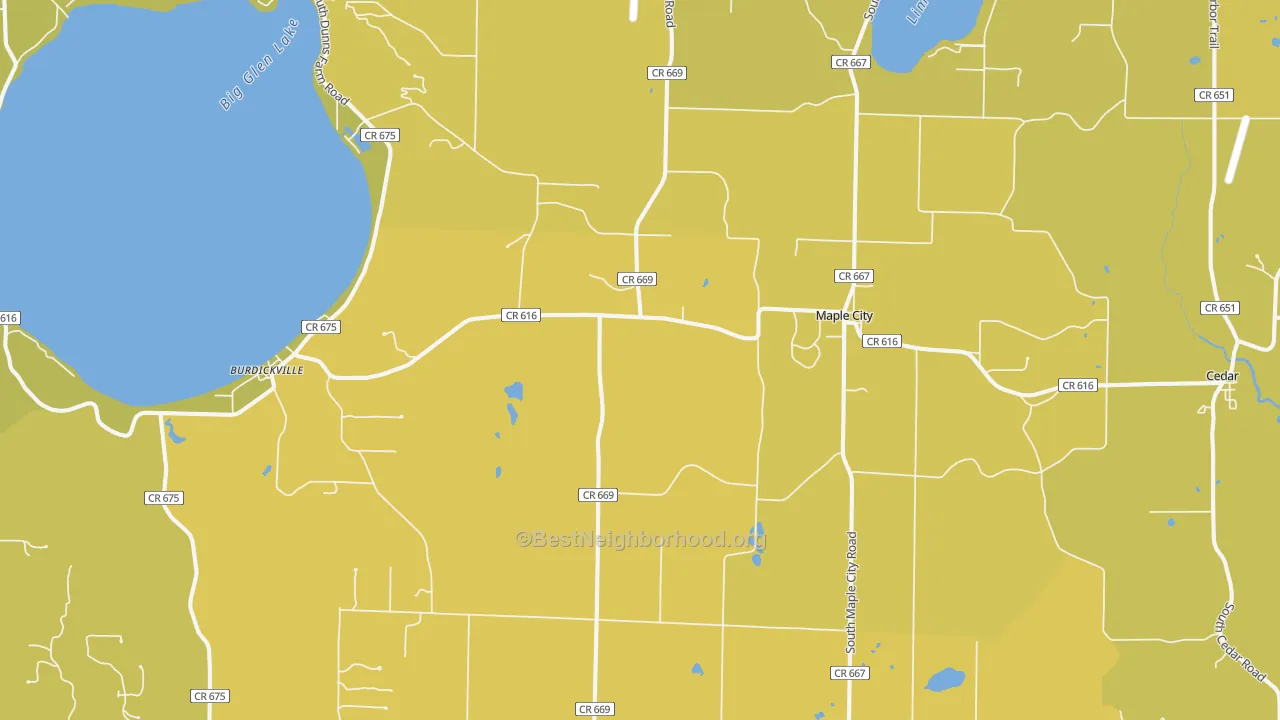 Map of the best neighborhoods in the Maple City area, with better matches in green and worse matches in red