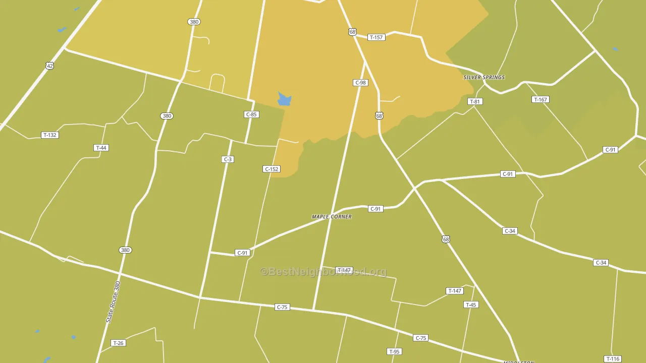 Map of the best neighborhoods in the Maple Corner area, with better matches in green and worse matches in red