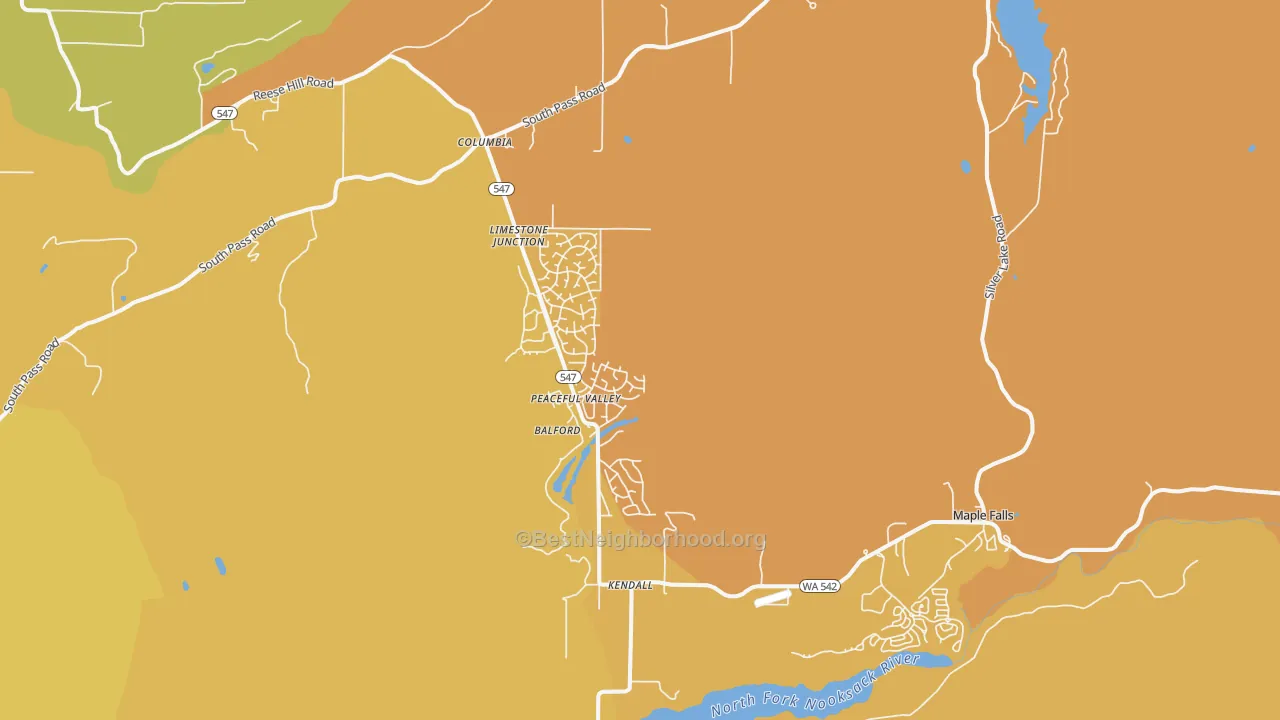 Map of the best neighborhoods in the Maple Falls area, with better matches in green and worse matches in red