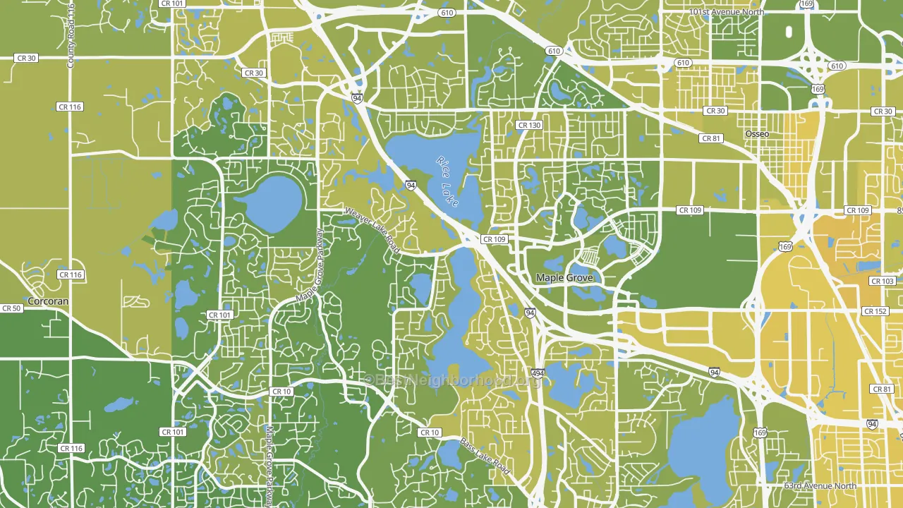 Map of the best neighborhoods in the Maple Grove area, with better matches in green and worse matches in red