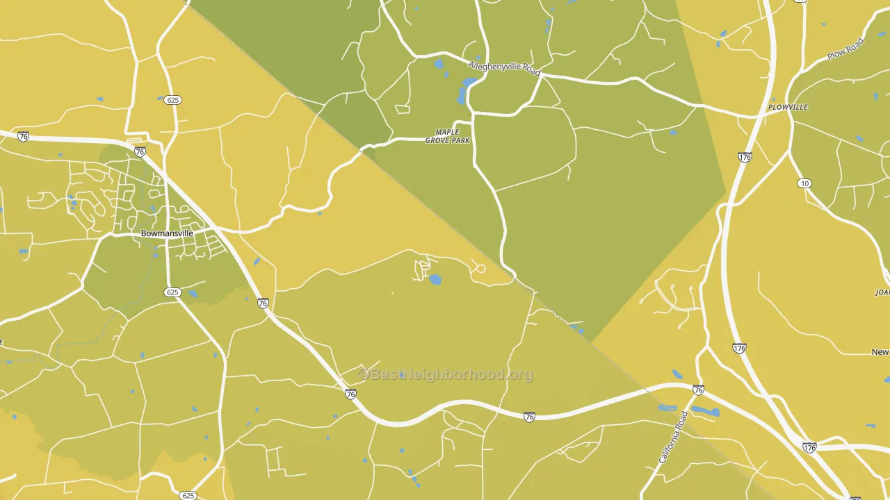 Map of the best neighborhoods in the Maple Grove Park area, with better matches in green and worse matches in red