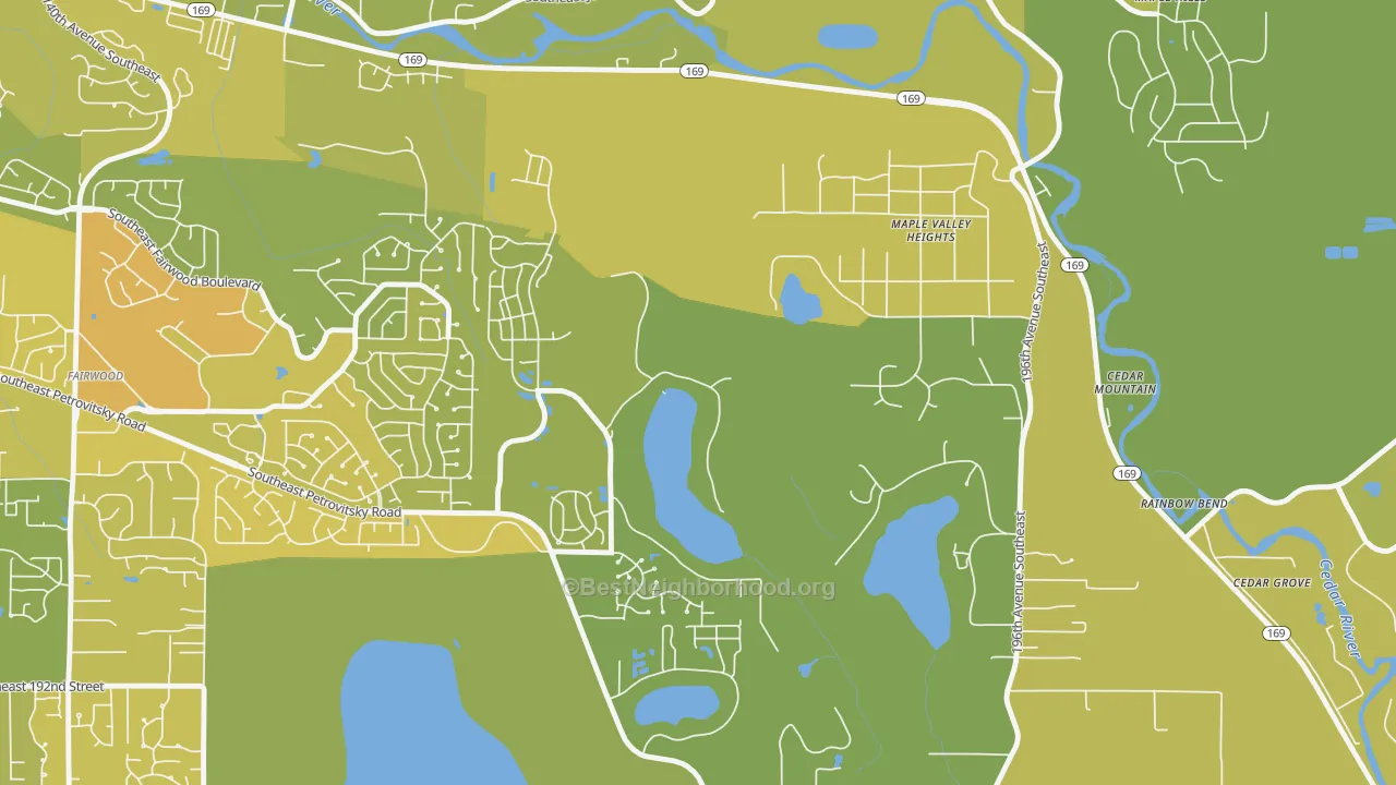 Map of the best neighborhoods in the Maple Heights-Lake Desire, Renton area, with better matches in green and worse matches in red