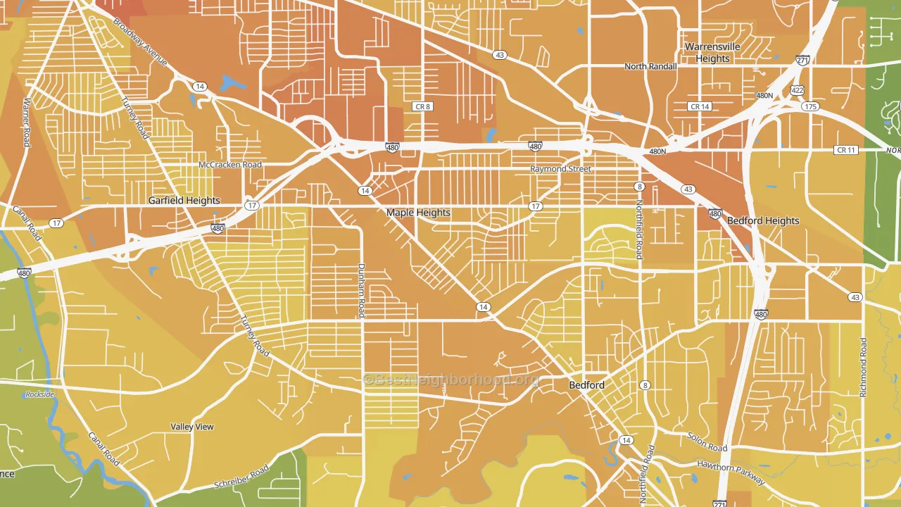 Map of the best neighborhoods in the Maple Heights area, with better matches in green and worse matches in red