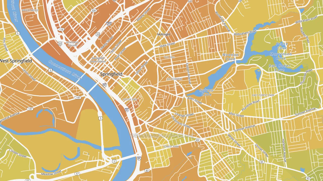 Map of the best neighborhoods in the Maple High-Six Corners, Springfield area, with better matches in green and worse matches in red