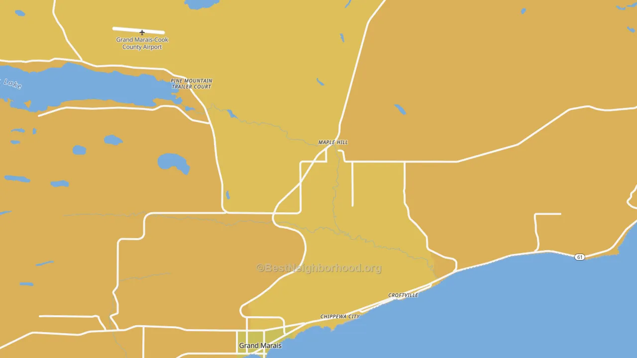 Map of the best neighborhoods in the Maple Hill area, with better matches in green and worse matches in red