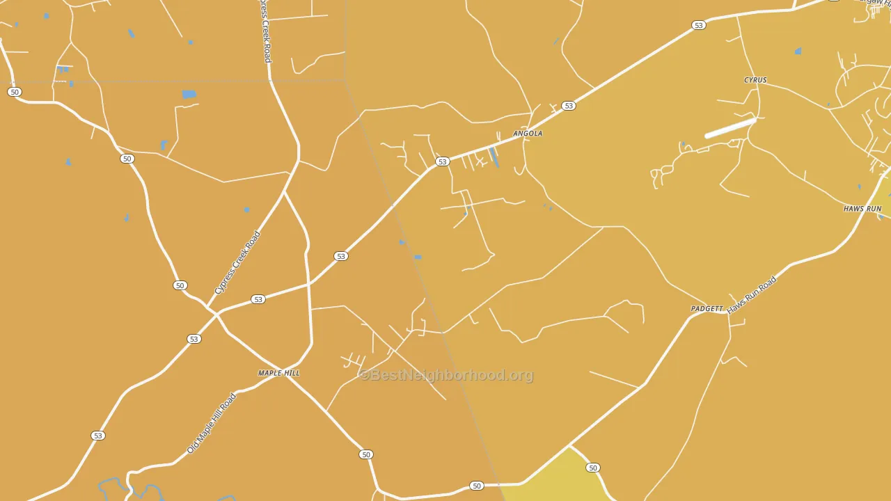 Map of the best neighborhoods in the Maple Hill area, with better matches in green and worse matches in red