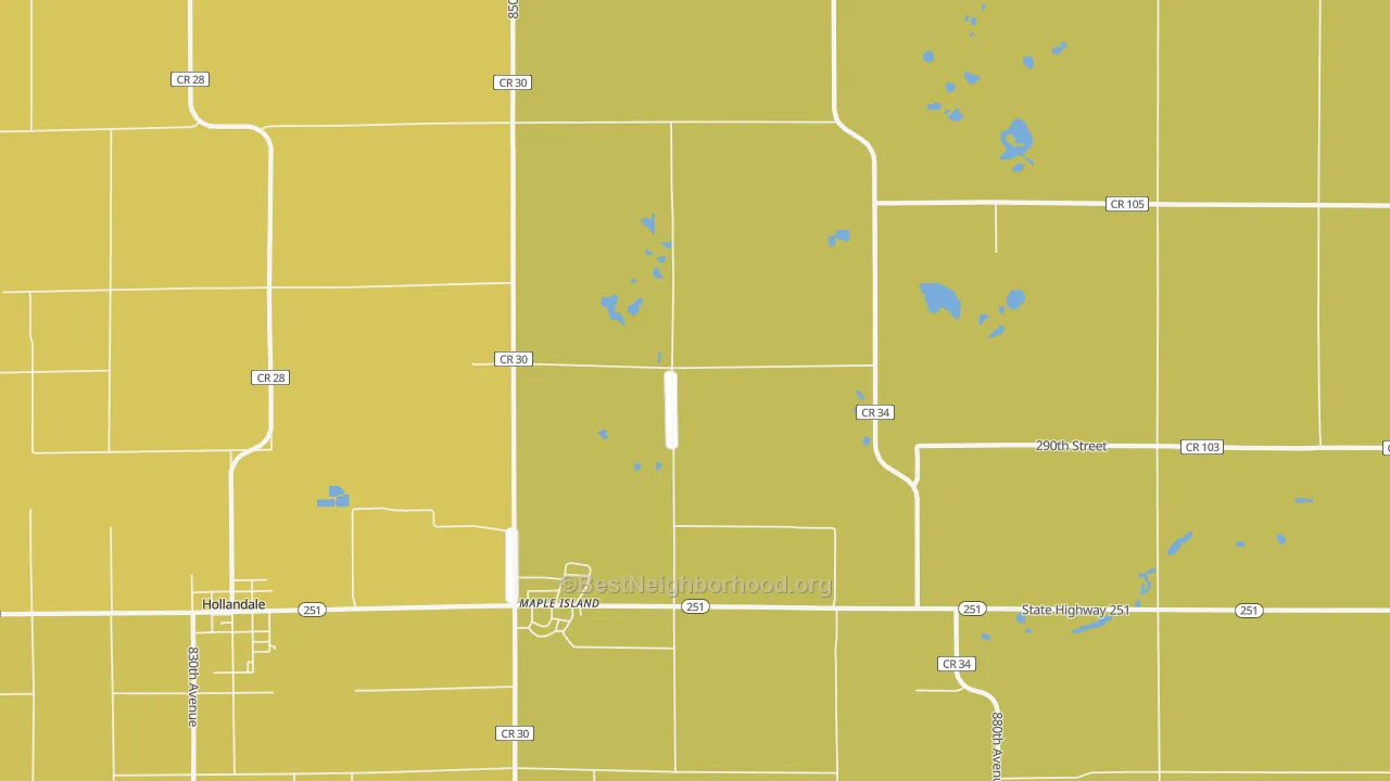 Map of the best neighborhoods in the Maple Island area, with better matches in green and worse matches in red