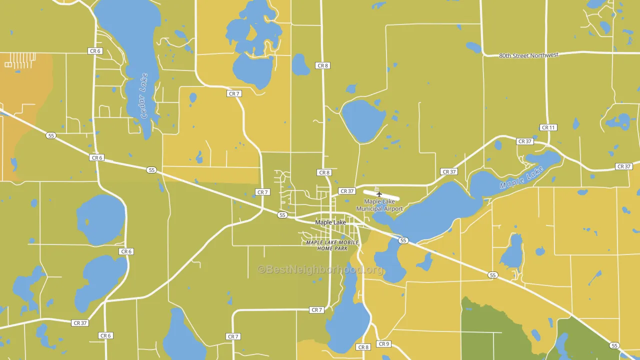 Map of the best neighborhoods in the Maple Lake area, with better matches in green and worse matches in red