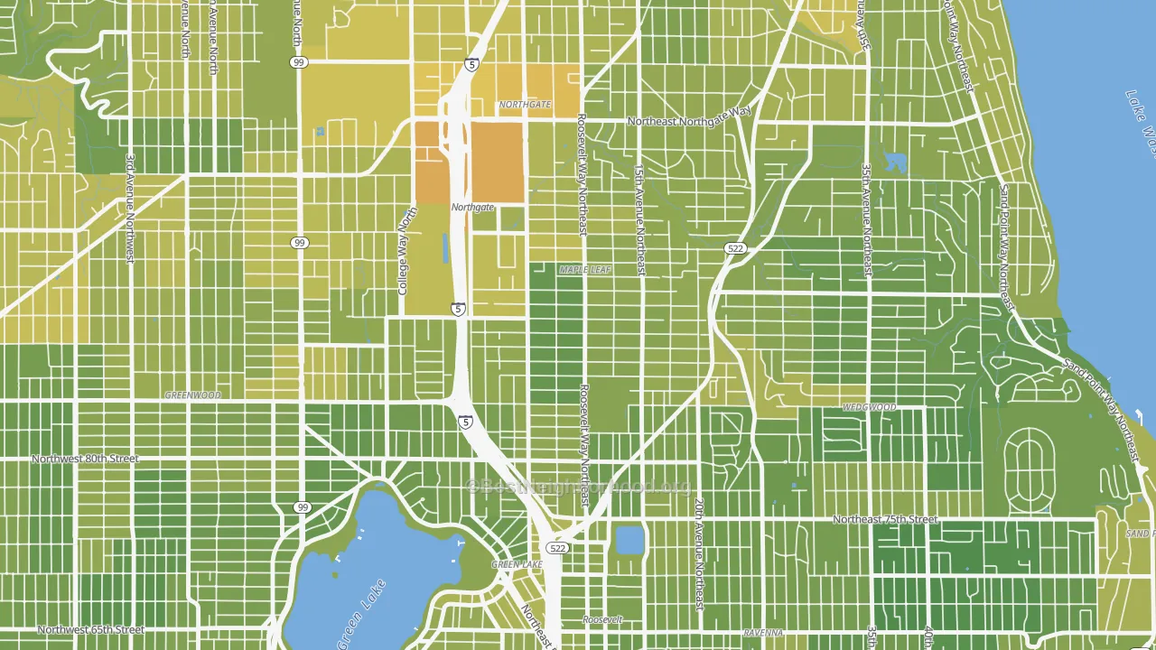Map of the best neighborhoods in the Maple Leaf, Seattle area, with better matches in green and worse matches in red