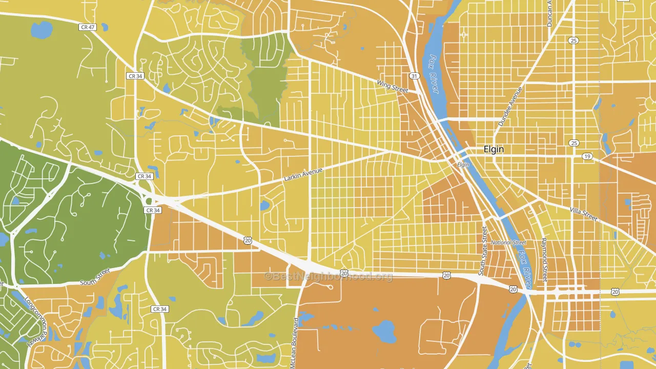 Map of the best neighborhoods in the Maple Manor, Elgin area, with better matches in green and worse matches in red