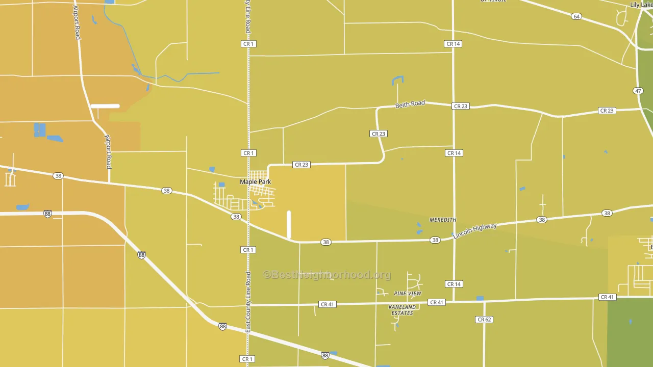 Map of the best neighborhoods in the Maple Park area, with better matches in green and worse matches in red