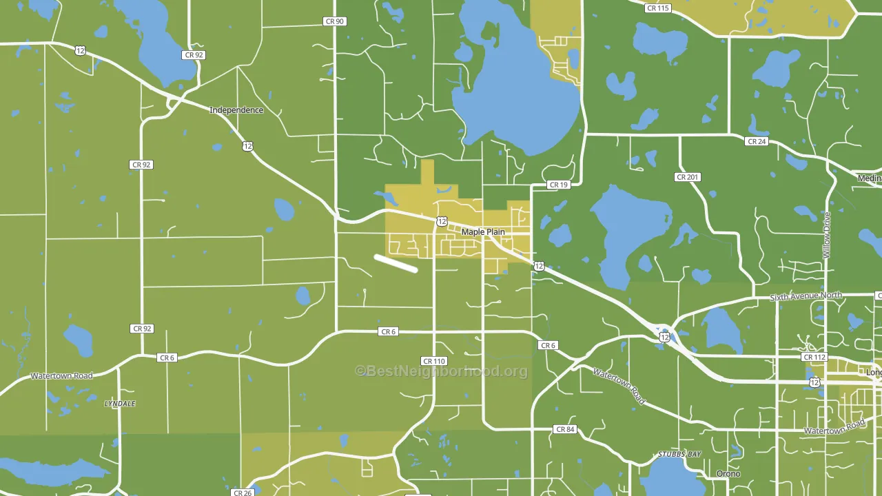 Map of the best neighborhoods in the Maple Plain area, with better matches in green and worse matches in red