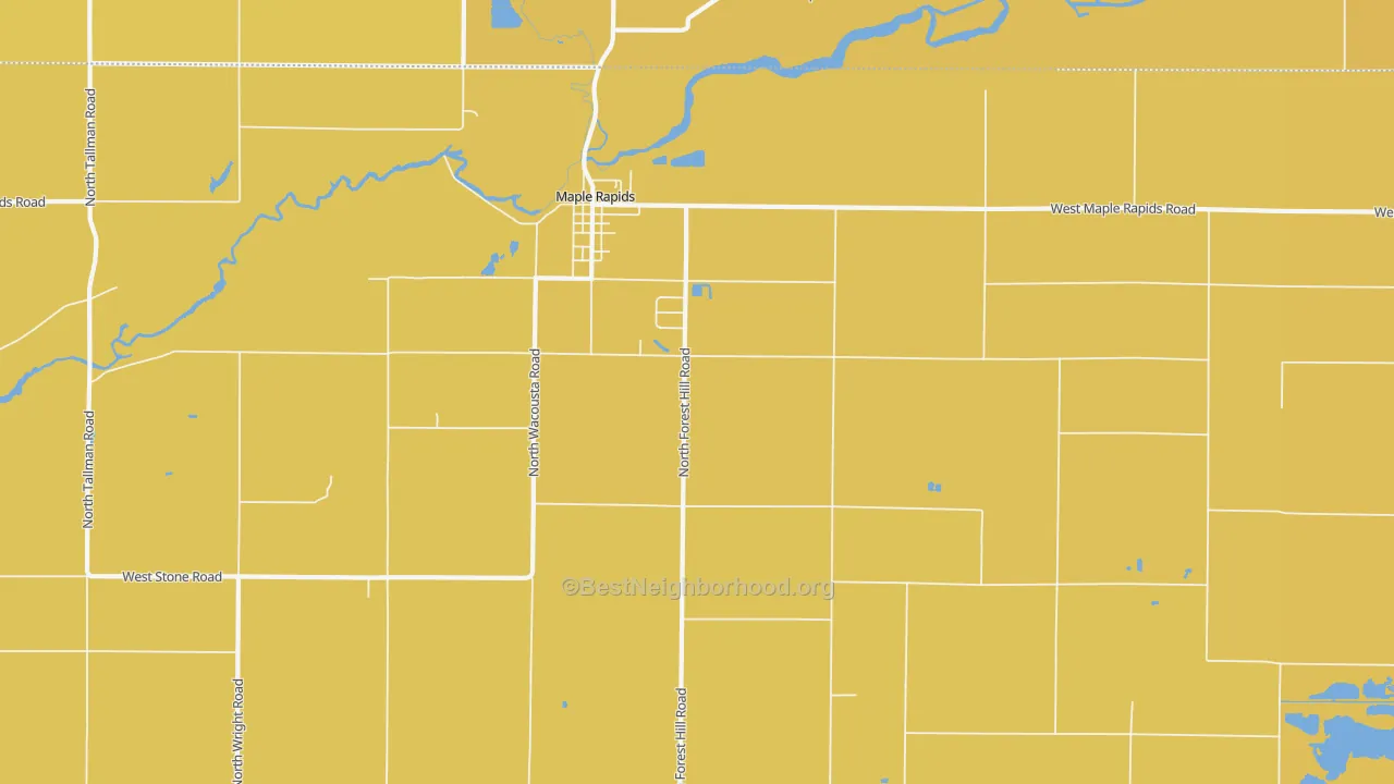Map of the best neighborhoods in the Maple Rapids area, with better matches in green and worse matches in red