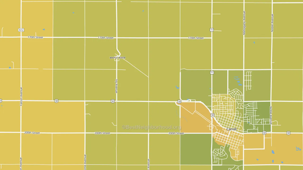 Map of the best neighborhoods in the Maple River area, with better matches in green and worse matches in red