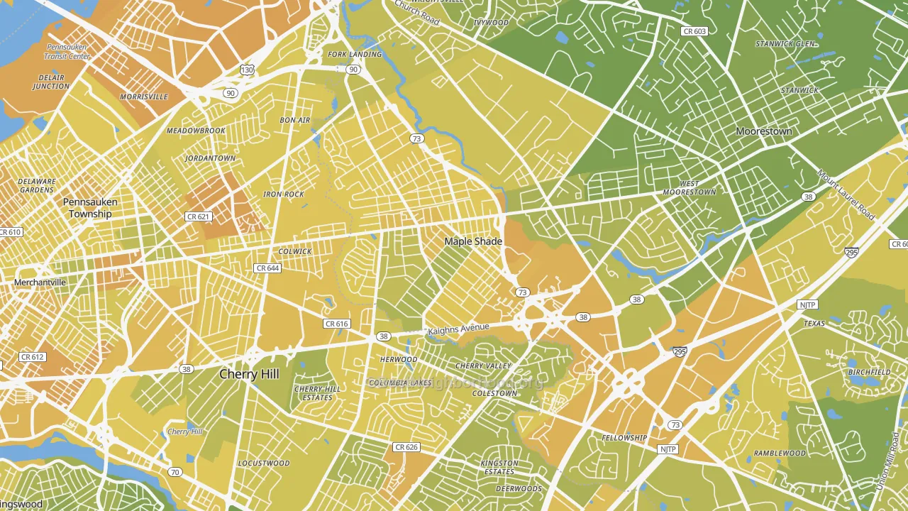 Map of the best neighborhoods in the Maple Shade area, with better matches in green and worse matches in red