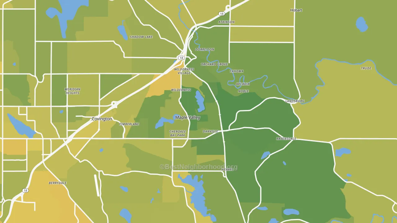 Map of the best neighborhoods in the Maple Valley area, with better matches in green and worse matches in red