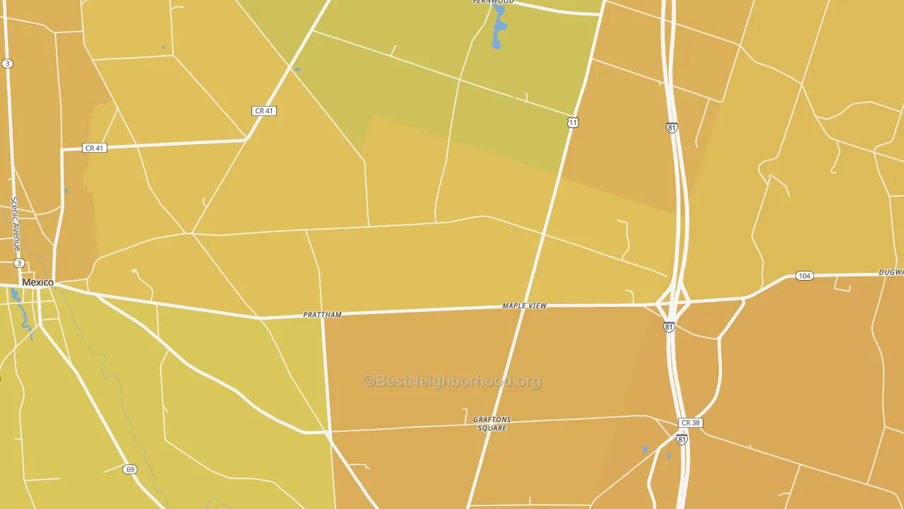 Map of the best neighborhoods in the Maple View area, with better matches in green and worse matches in red