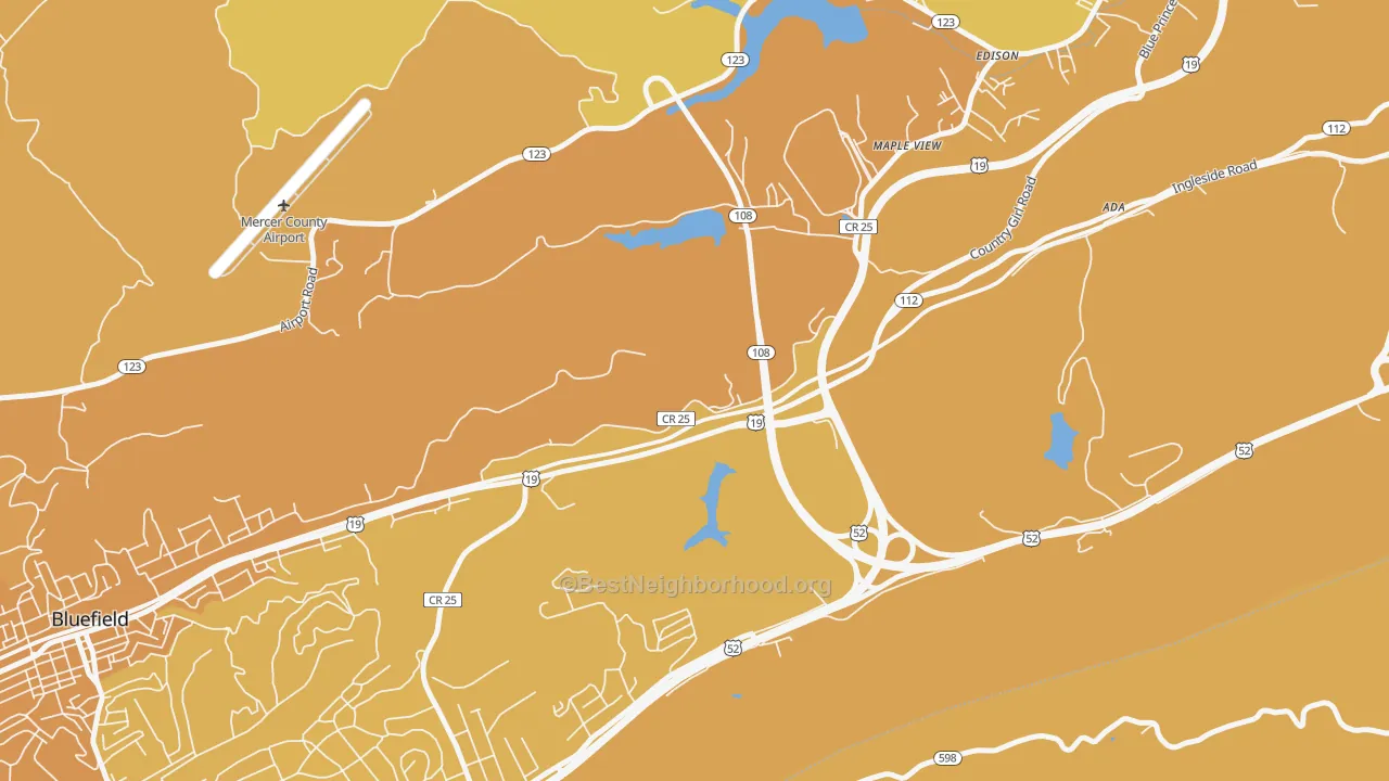 Map of the best neighborhoods in the Maple View area, with better matches in green and worse matches in red