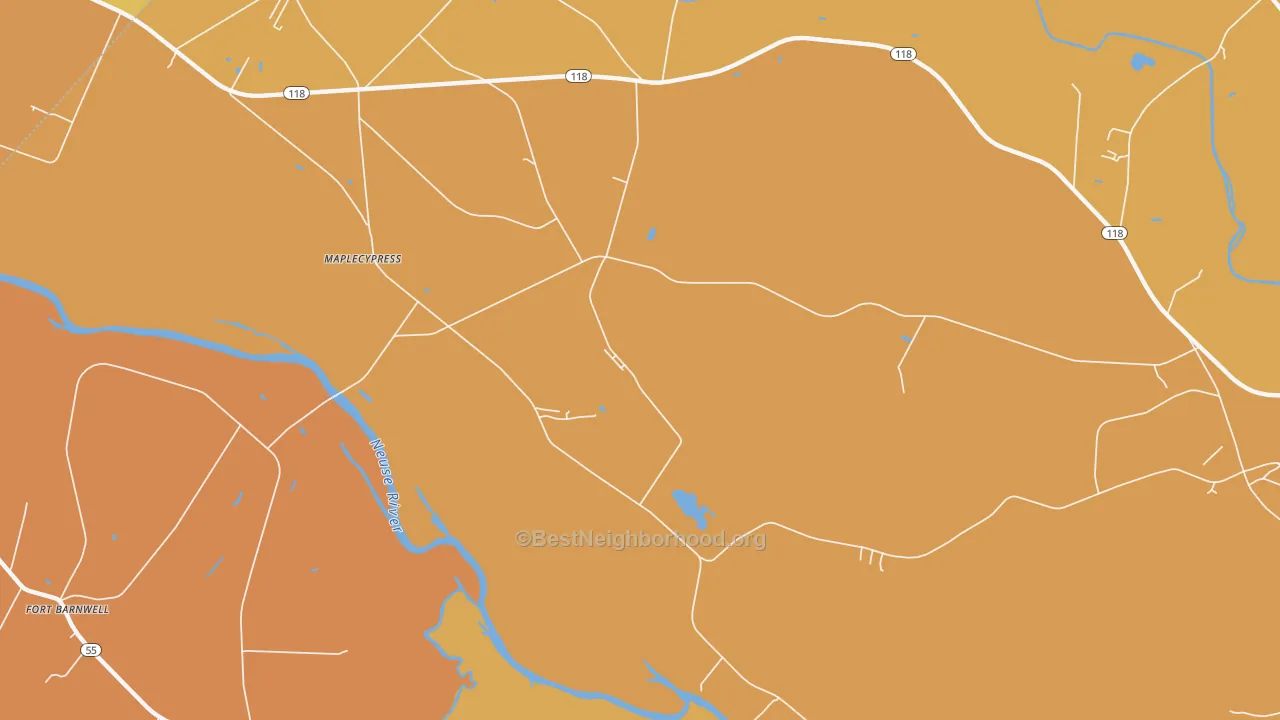 Map of the best neighborhoods in the Maplecypress area, with better matches in green and worse matches in red