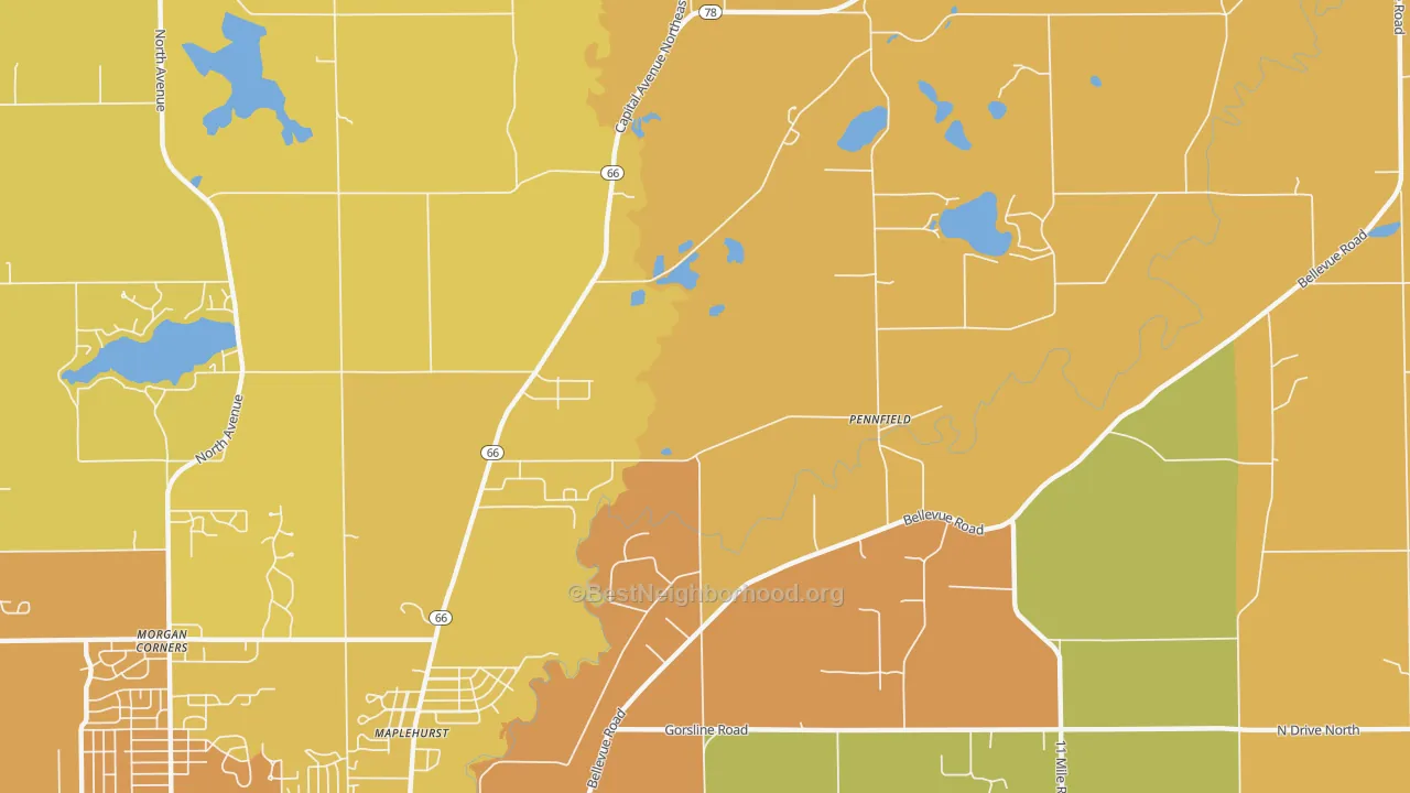 Map of the best neighborhoods in the Maplehurst area, with better matches in green and worse matches in red