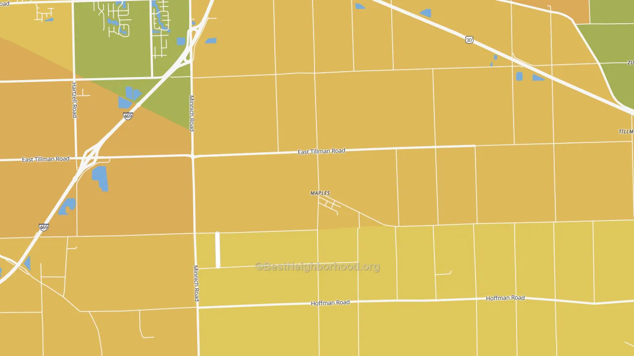 Map of the best neighborhoods in the Maples area, with better matches in green and worse matches in red