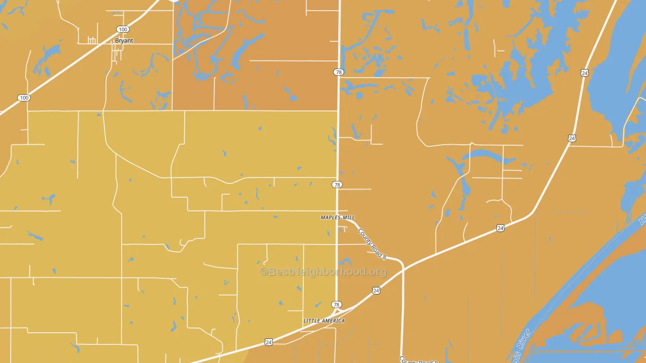 Map of the best neighborhoods in the Maples Mill area, with better matches in green and worse matches in red