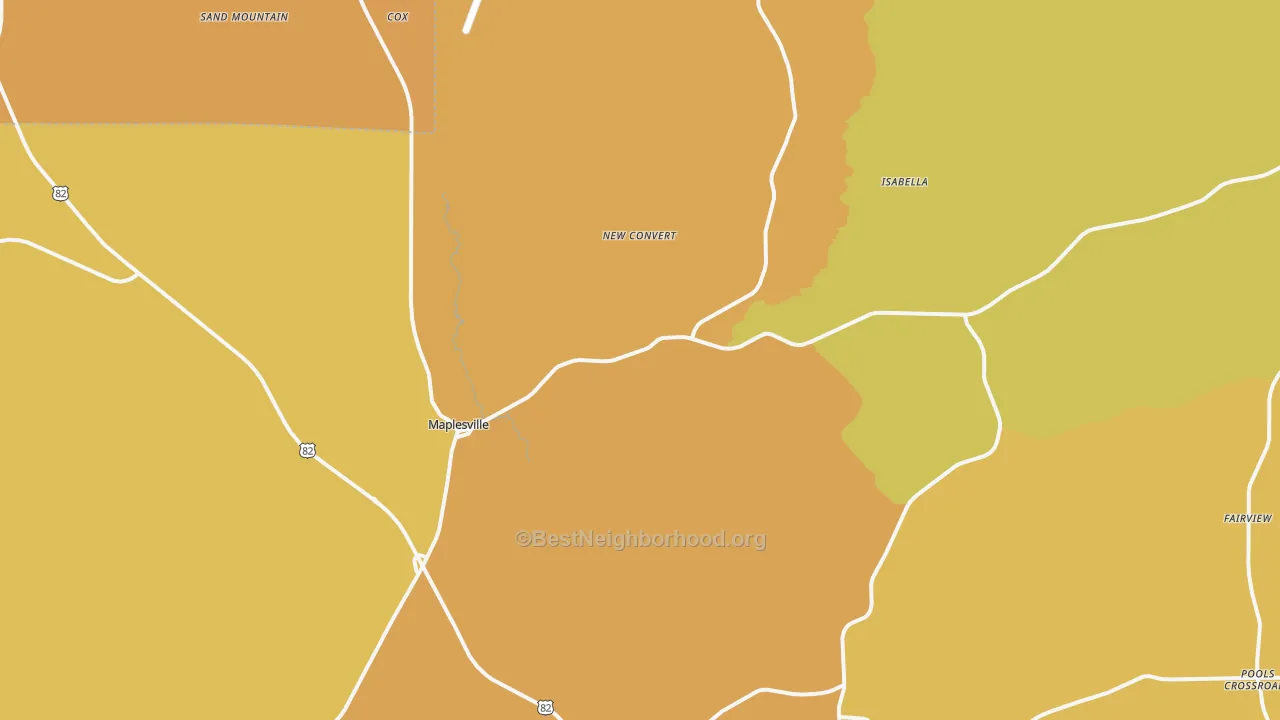 Map of the best neighborhoods in the Maplesville area, with better matches in green and worse matches in red