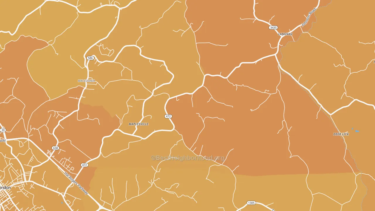 Map of the best neighborhoods in the Maplesville area, with better matches in green and worse matches in red