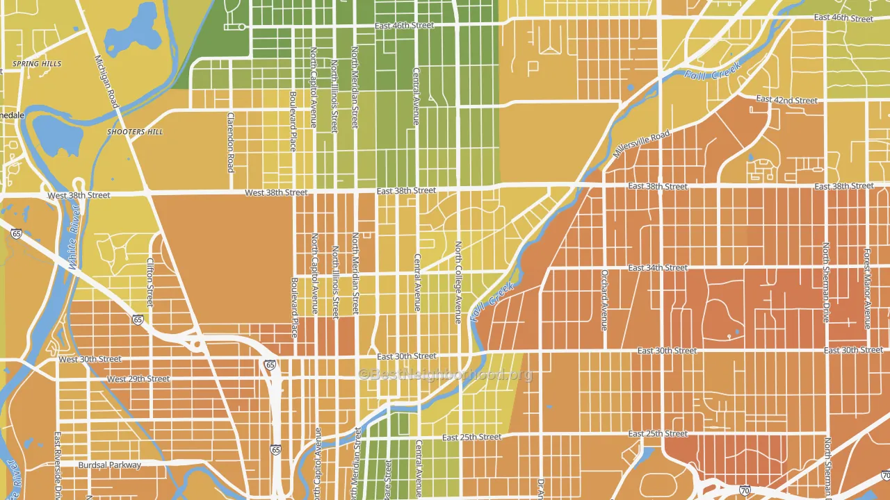 Map of the best neighborhoods in the Mapleton-Fall Creek, Indianapolis area, with better matches in green and worse matches in red