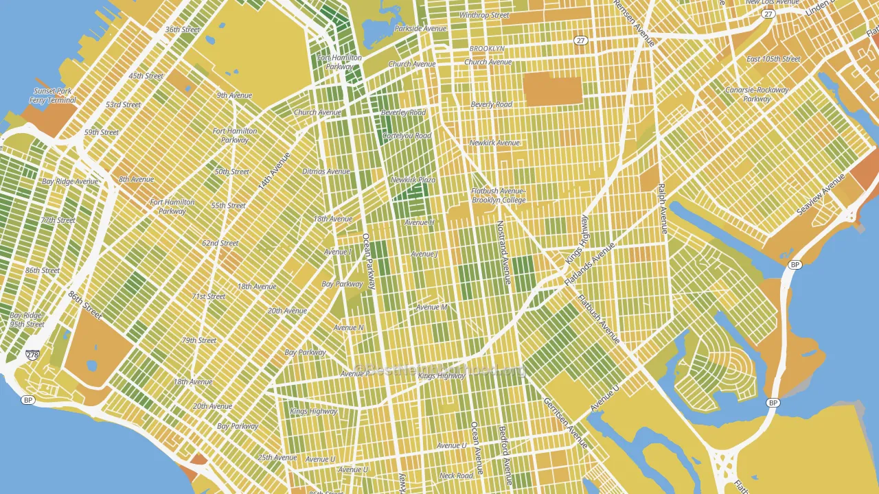 Map of the best neighborhoods in the Mapleton-Flatlands, Brooklyn area, with better matches in green and worse matches in red