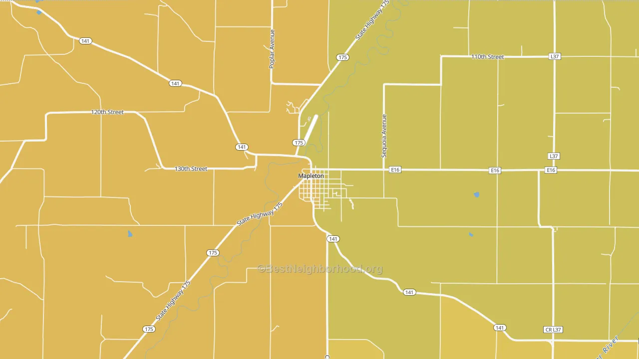 Map of the best neighborhoods in the Mapleton area, with better matches in green and worse matches in red