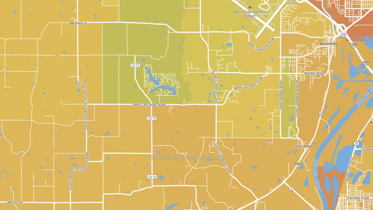 Map of the best neighborhoods in the Mapleton area, with better matches in green and worse matches in red