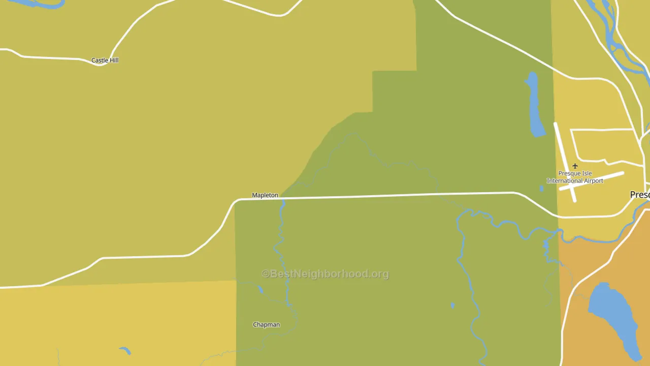 Map of the best neighborhoods in the Mapleton area, with better matches in green and worse matches in red