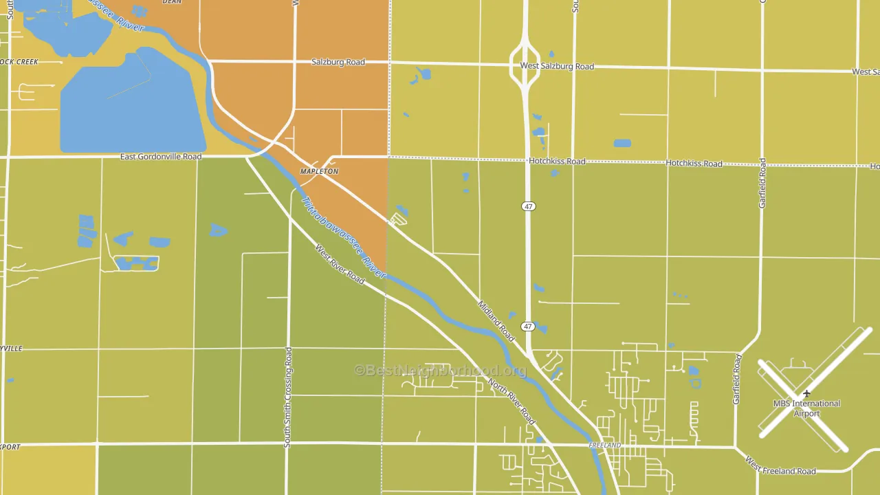 Map of the best neighborhoods in the Mapleton area, with better matches in green and worse matches in red