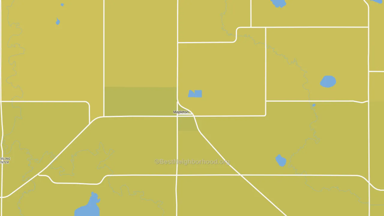 Map of the best neighborhoods in the Mapleton area, with better matches in green and worse matches in red