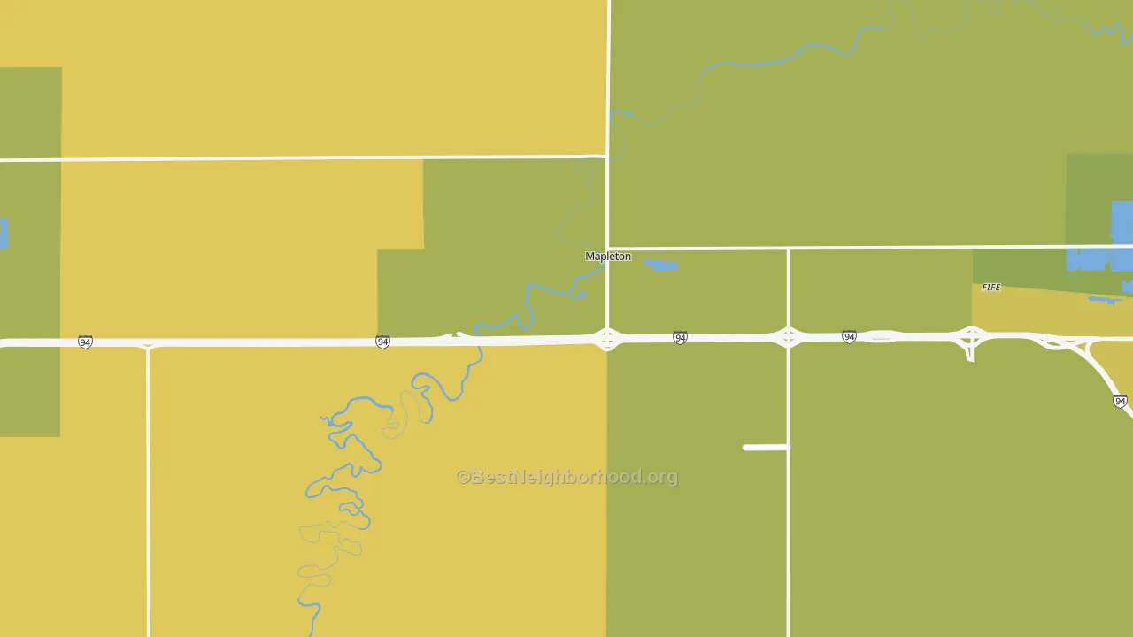Map of the best neighborhoods in the Mapleton area, with better matches in green and worse matches in red