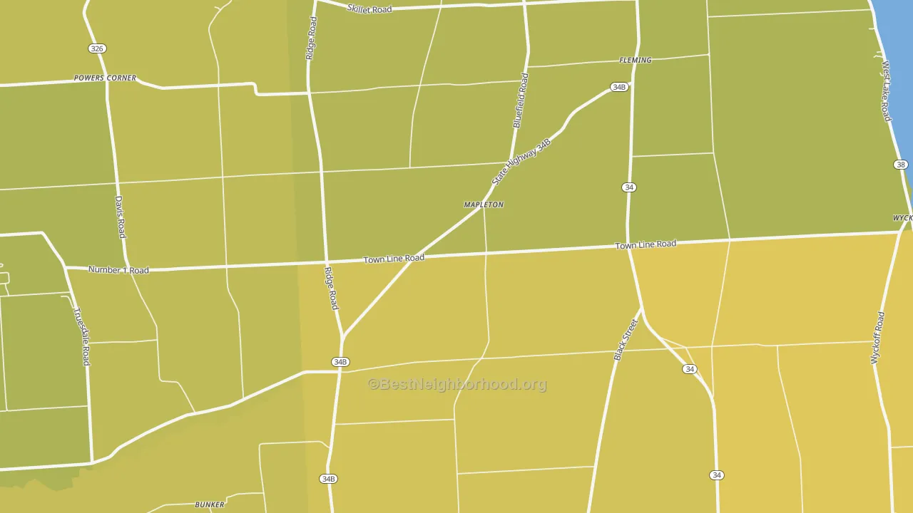 Map of the best neighborhoods in the Mapleton area, with better matches in green and worse matches in red