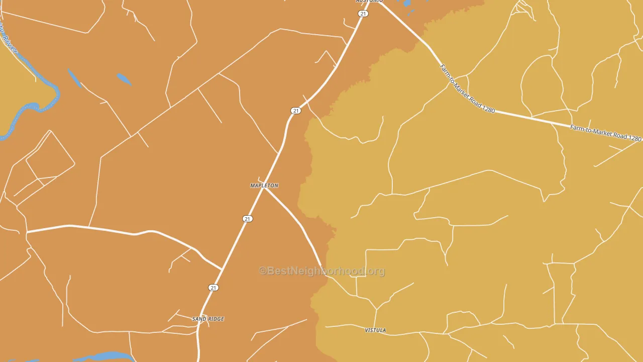 Map of the best neighborhoods in the Mapleton area, with better matches in green and worse matches in red